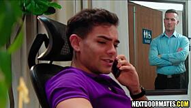 Corporate manager bareback screwing hunk in office