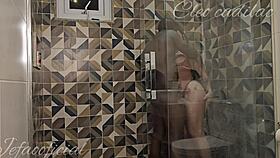 narrative of cleo cadillac encountering a friend in the bathroom, leading to an intense interracial encounter with a muscular bodybuilder