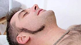 Guy licks and fucks masseuse's pierced pussy, then cums on her ass in doggystyle.