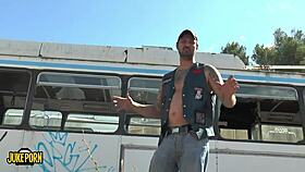 a SKINNY BRUNETTE with HUGE TITS gets FUCKED on the BUS