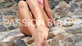 sexy hottie flashes bikini publicly on beach near neighbors