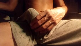 hot young guy in pajamas moans loudly jerking off his monster cock alone