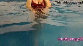 beautiful woman flashes in the public swimming pool