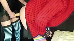 Woman pegging with strap-on fucks guy with female panties and ejaculates without touching herself