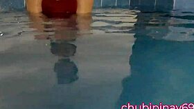 beautiful woman flashes in the public swimming pool