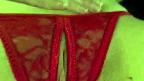 Shaved pussy in red thongs all wet and ready