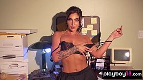 does the alluring secretary emjay rinaudo reveal her perfect boobs in the office?