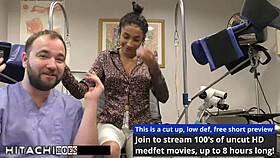 Behind the scenes, nurse Miss Mars teases patient with hitachi vibrator forcing shaved pussy orgasms