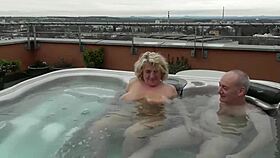 Fucking hard in outdoor public hot tub with dripping wet pussy