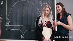 guy jerks to chalk boobs then joins lesbian duo in classroom threesome