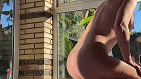 Struggling to take first huge black dildo in tight pussy backstage?