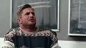 guy jerks to chalk boobs then joins lesbian duo in classroom threesome