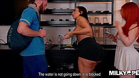 Two hot friends demand plumber to creampie their big asses for payment