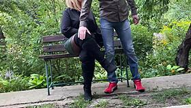 Mature Milf in Sexy Clothes Helps a Man Pee Outdoors