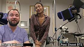 Behind the scenes, nurse Miss Mars teases patient with hitachi vibrator forcing shaved pussy orgasms