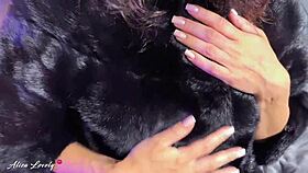 brunette in fur coat and pantyhose masturbates pussy with vibrator to squirting and female ejaculation close-up