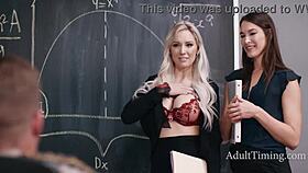 guy jerks to chalk boobs then joins lesbian duo in classroom threesome