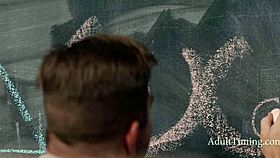 guy jerks to chalk boobs then joins lesbian duo in classroom threesome