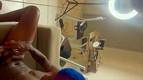 i'm filming my brazilian wife while she rides the petite teen's big cock in lingerie, her legs shaking so much