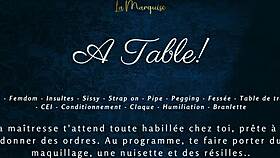 French femdom at table milks sissy with dirty talk