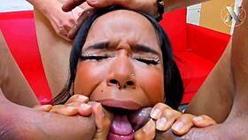 Guys fuck her throat hard, burying her head in cocks.