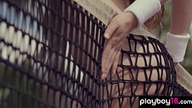 the lovely ukrainian tennis player kate chromia slowly strips on the court outdoors