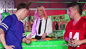 in this reality game, sexy blonde bartender gets shared in hardcore threesome with blowjobs