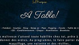 French femdom at table milks sissy with dirty talk