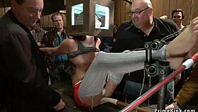 Redhead and blonde subs public banged in bondage