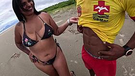 Slutty Nicoly Seduces Firefighter On Beach, Sits On Cock In Bush