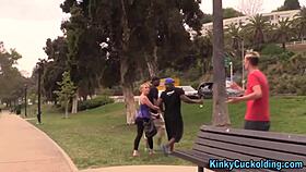 Teen rides two black dicks in cuckold group scene.