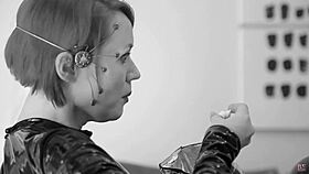 Audrey Ashes, a redhead in latex, experienced a squirting orgasm during scifi time breach masturbation