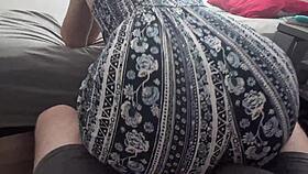 Bouncing ass on his cock in clothes.