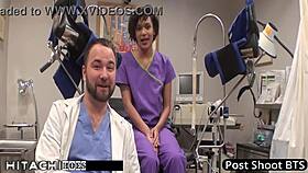 Patient moans wildly as nurse Jackie Banes hits her with the Hitachi vibrator backstage
