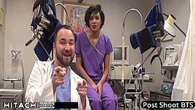 Patient moans wildly as nurse Jackie Banes hits her with the Hitachi vibrator backstage