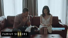 scheming brunette babe rides uncle's monster cock on sofa