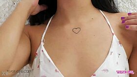 HORNY BRUNETTE TEEN SWALLOWS CUM