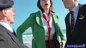 stockinged milf gets spitroasted by trio