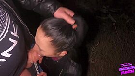 brunette teen gives sloppy outdoor face fuck swallowing huge load pov