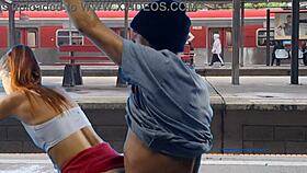 Public train terminal couple flashes pussy for risky outdoor fuck