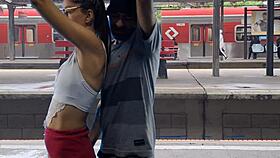 Public train terminal couple flashes pussy for risky outdoor fuck