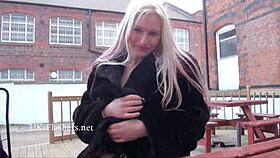 blonde kaz flashes her pussy outdoors stripping for voyeurs