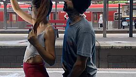 Public train terminal couple flashes pussy for risky outdoor fuck