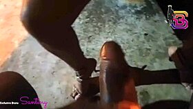 caught the director's secretary slurping big cock in the square during dinner break with massive tits bouncing