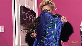 shopping spree flips wild as two busty babes kneel to suck and bounce on monster cock