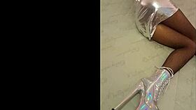 Petite latina milf struts in total silver fishnets heels and pantyhose