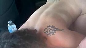 Skinny hooker bent over car takes public cumshot