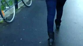Hidden camera catches candid BLUE JEANS WALKING