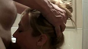 Pretty blonde bends over for bathroom doggystyle pounding