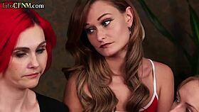 Busty British CFNM dommes jerk off their kinky group subject 👠💦